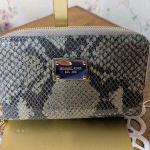 Michael Kors Women's Embossed  Python Gray Leather  Zip-Around Wristlet